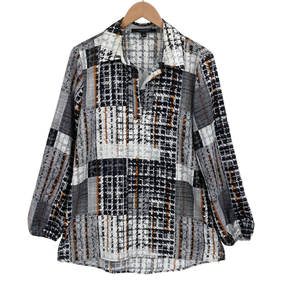 Marc New York Blouse Black White Orange Abstract Print Size Large Career Office
